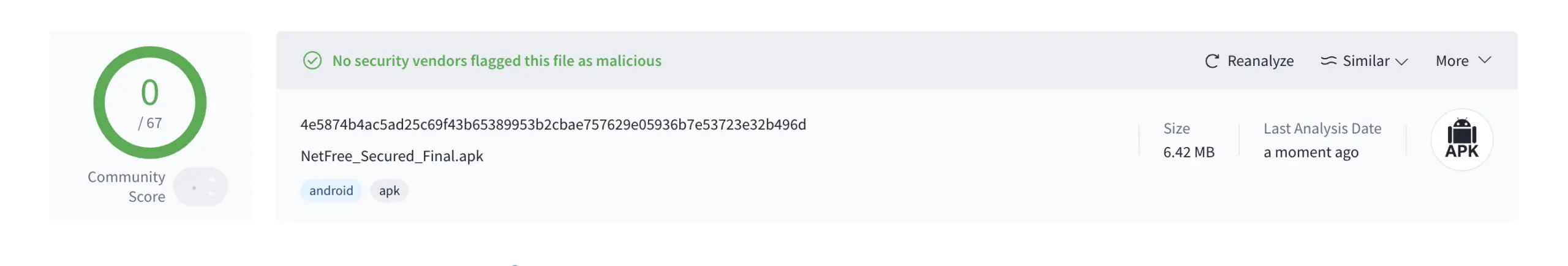 VirusTotal Scan - NetMirror APK Safe